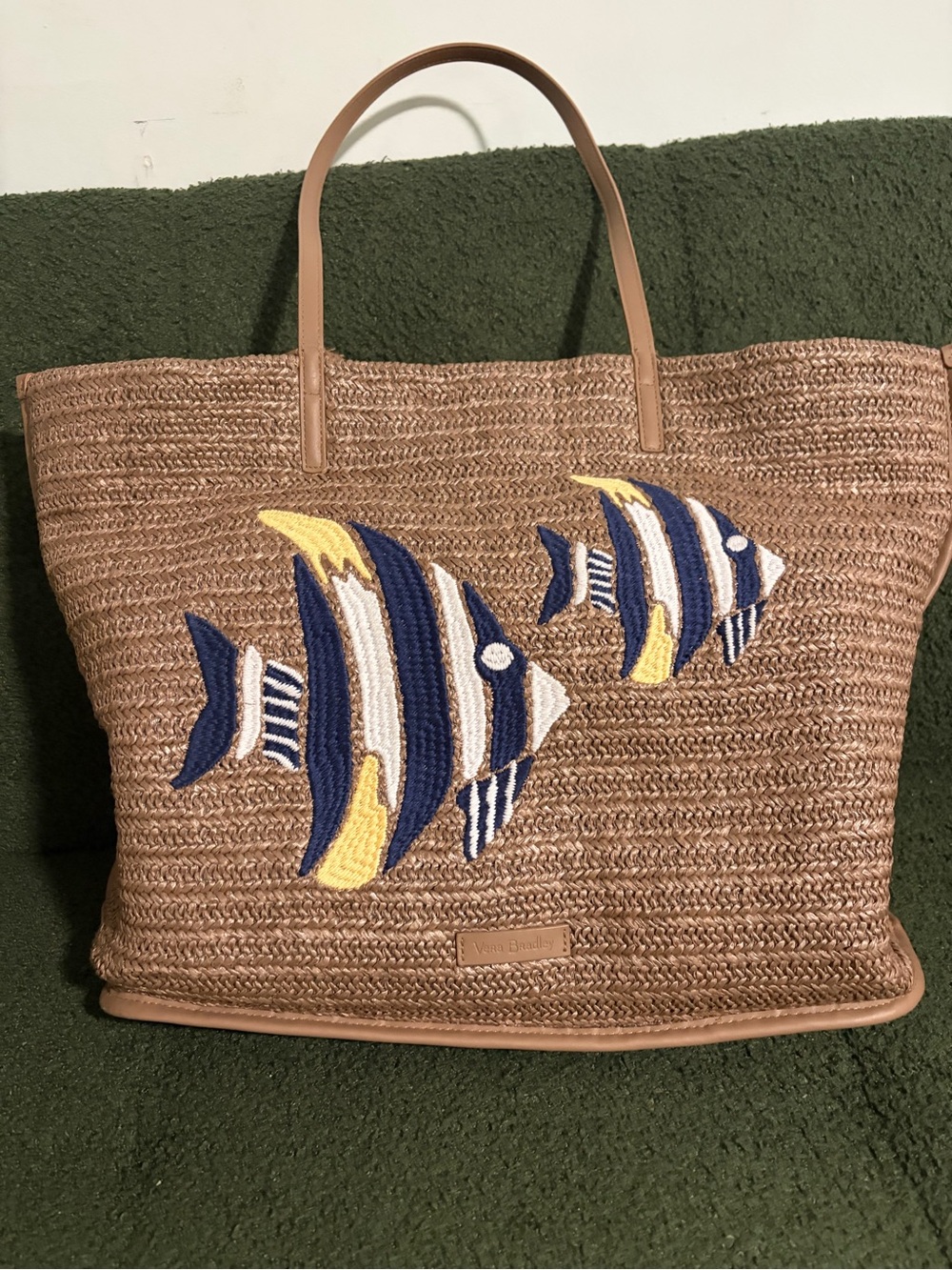 Vera Bradley Brown Straw Tote with Blue, Yellow & White Fish Appliqué